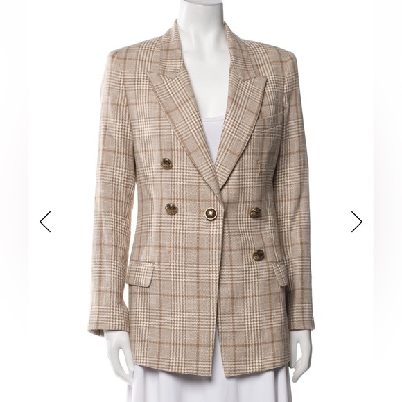 Smythe Women’s Camel Houndstooth Plaid Linen Blend Not A DB Blazer Jacket Sz M - Picture 1 of 5